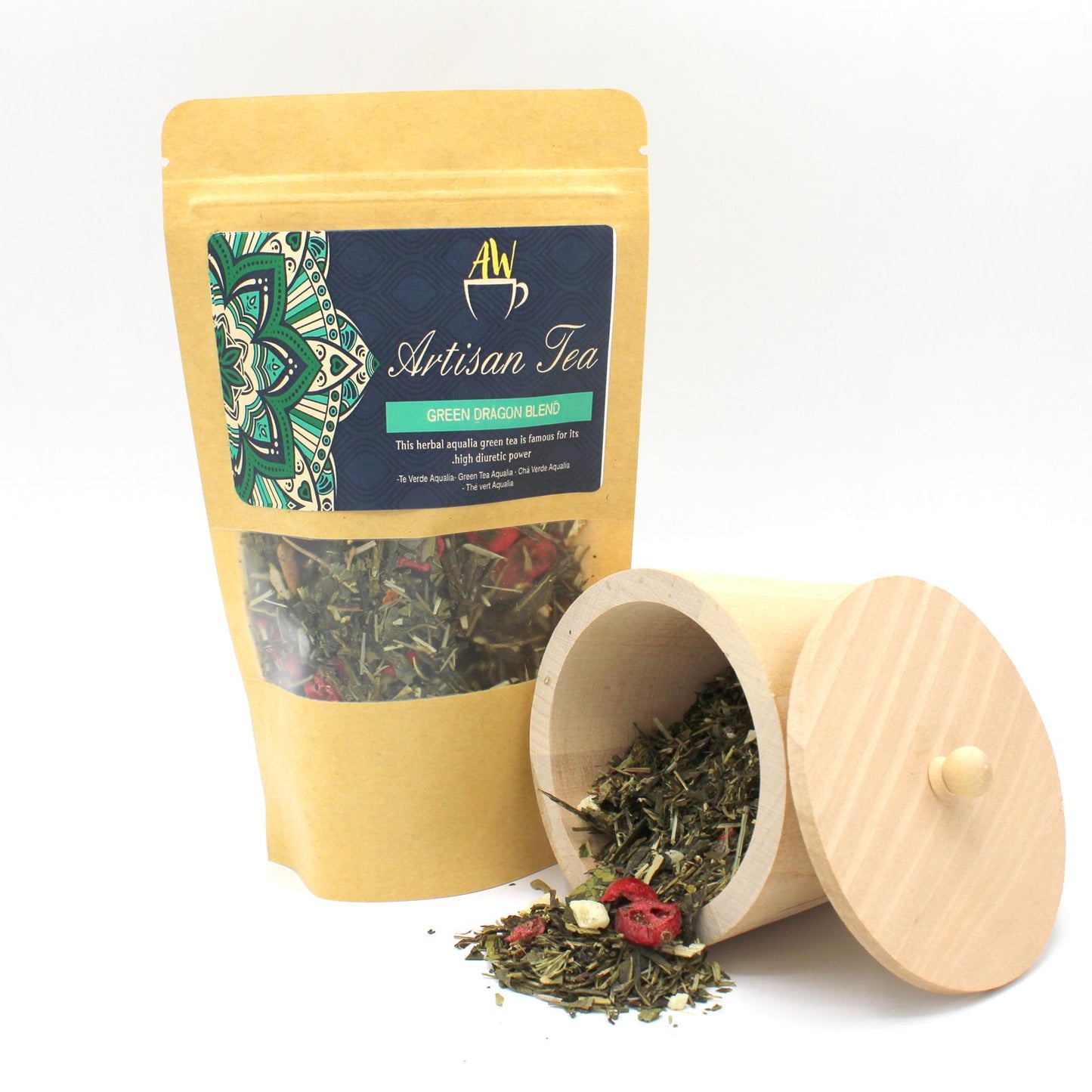 Green Dragon Blend, Sencha groene thee, Lung Ching groene thee, brandnetel, paardenstaart, ananas etc.