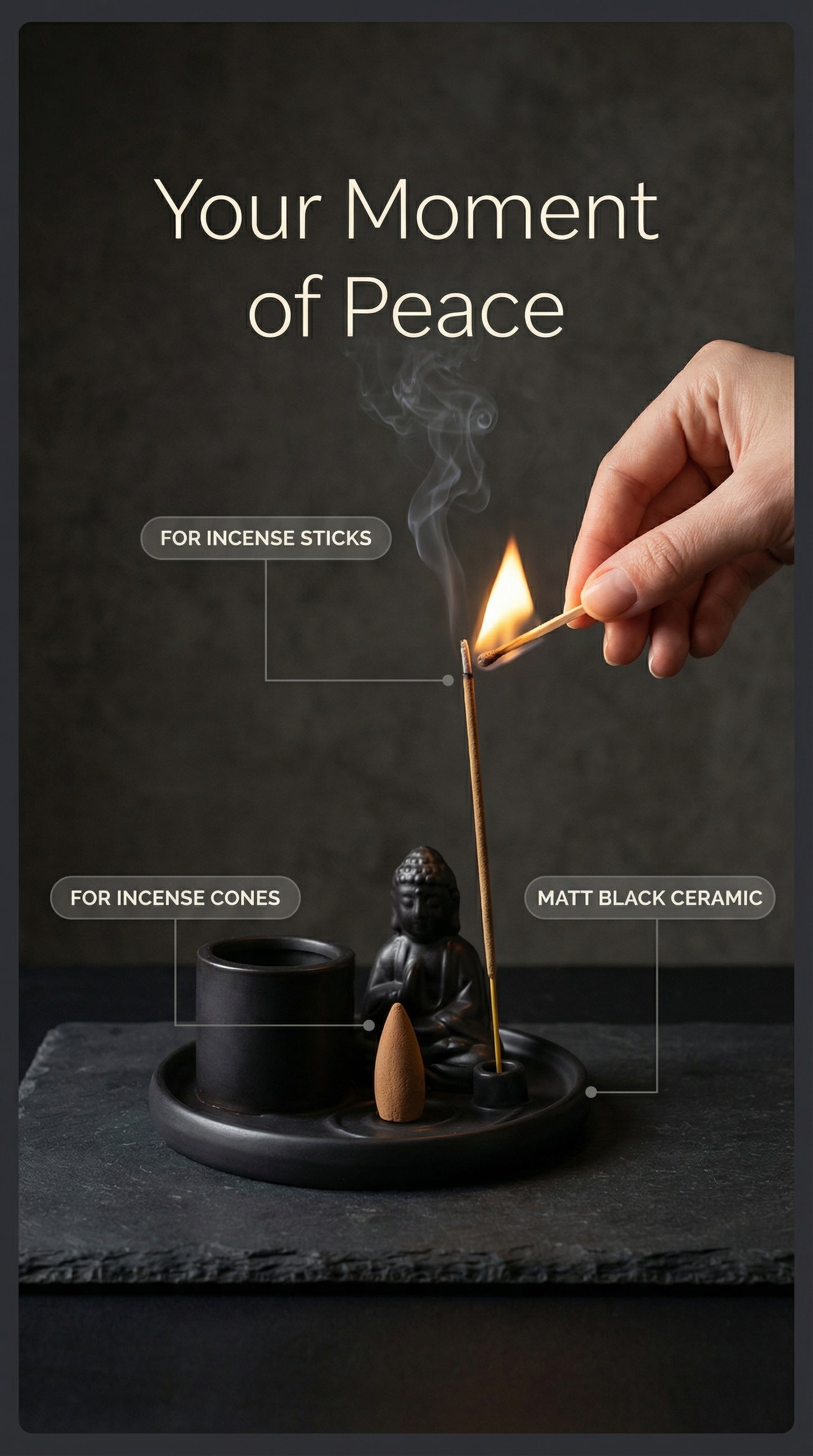Multi Purpose Buddha Incense Plate - Ceramic Matt Black
