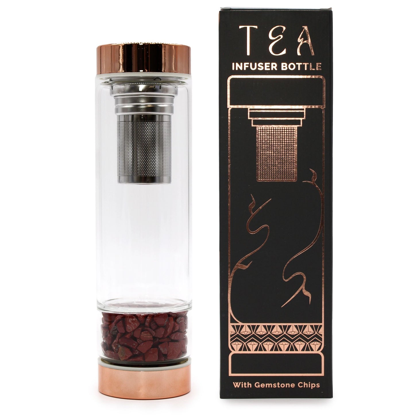 Crystal Glass Tea Infuser Bottle - Rose Gold - RED JASPER