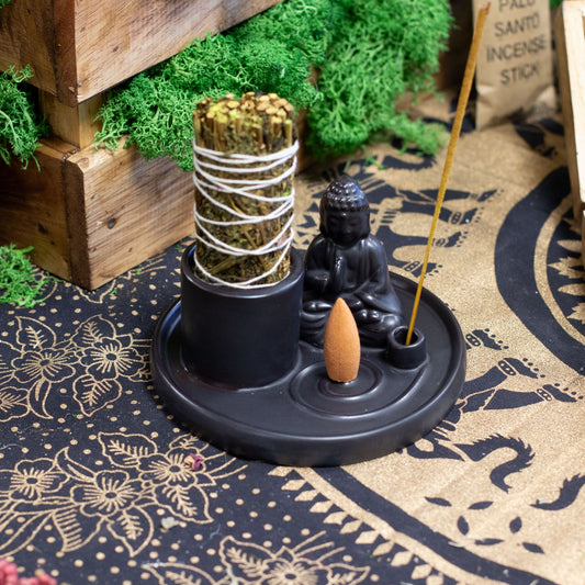 Multi Purpose Buddha Incense Plate - Ceramic Matt Black