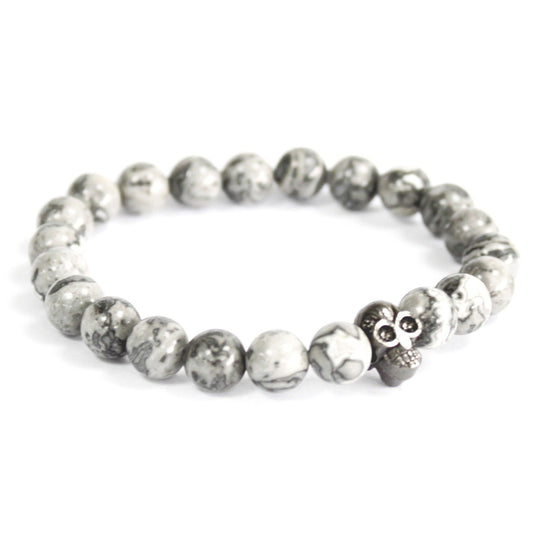 Crâne d'étain / Agate Grise - Bracelet en pierre gemme