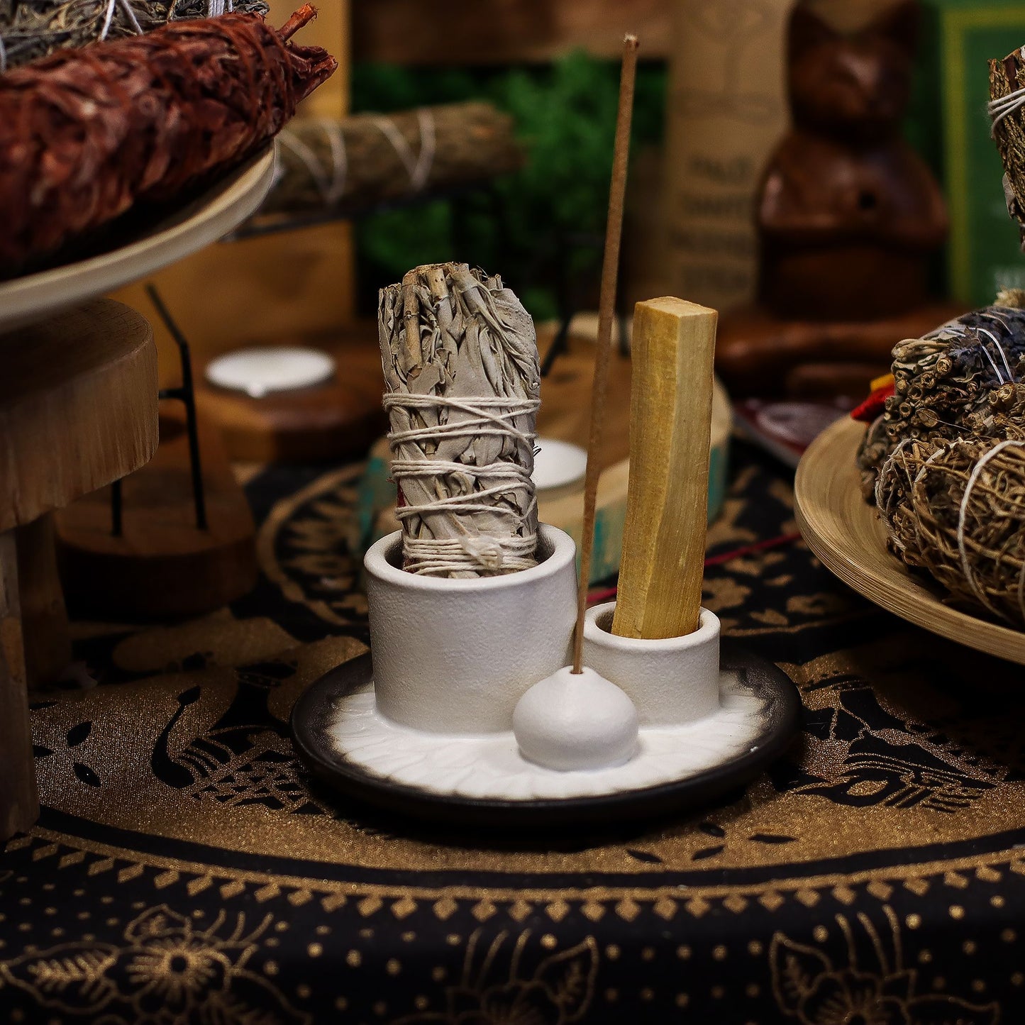 Palo Santo Stick & Smudge Holder - Mandala - White & Grey