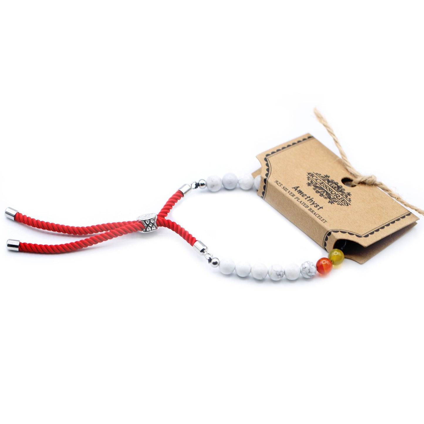 Bracelet en ficelle rouge royale en argent plaqué 925 avec pierres précieuses - Chakra Howlite Blanche
