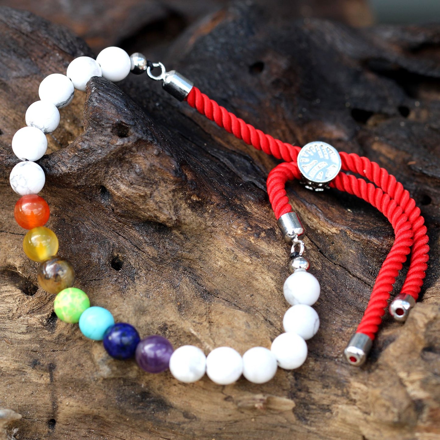 Bracelet en ficelle rouge royale en argent plaqué 925 avec pierres précieuses - Chakra Howlite Blanche